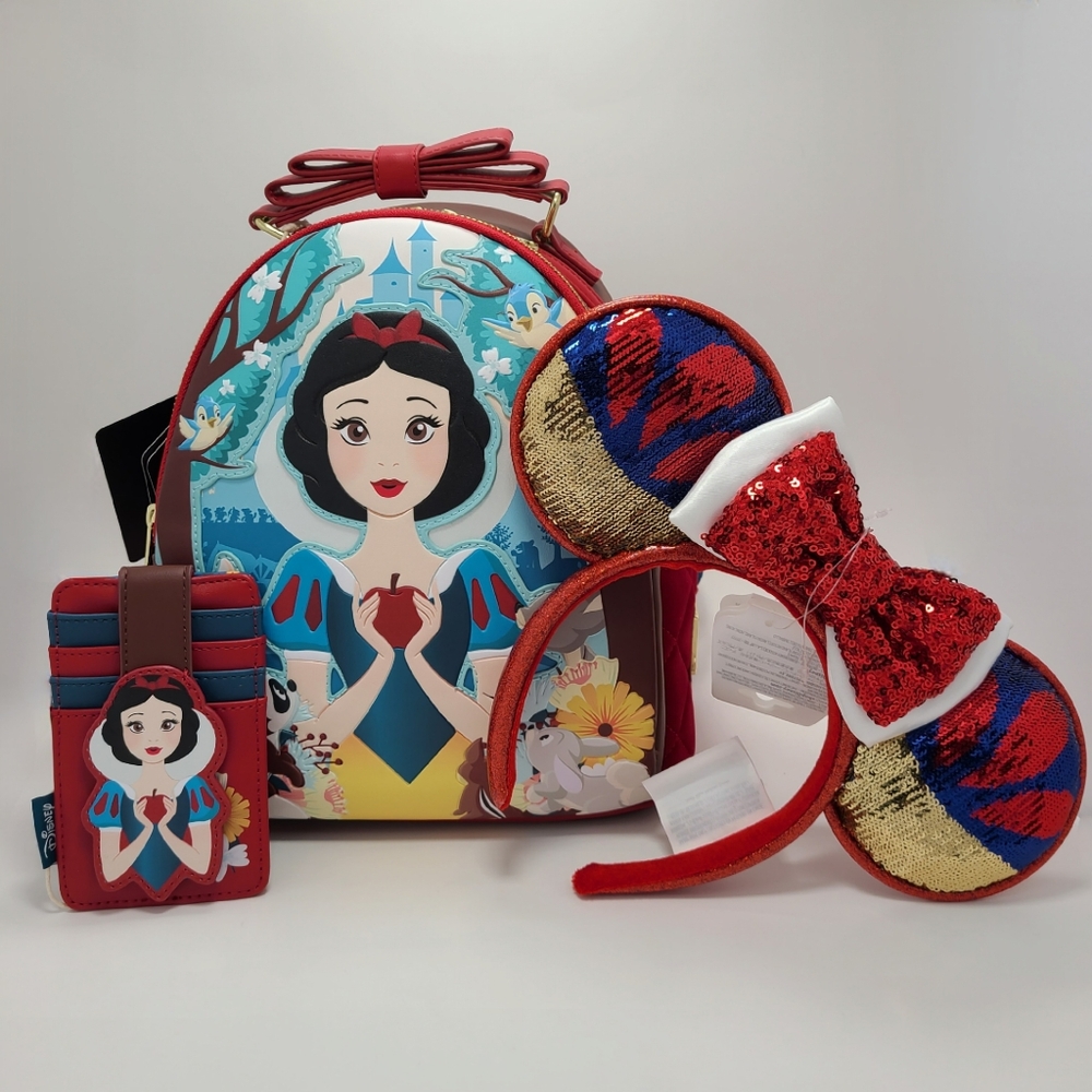 NWT Loungefly Disney Snow White Apple Mini Backpack, Cardholder, & Ears Set